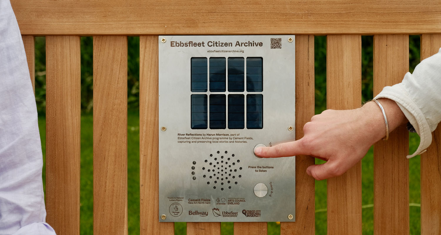 Closeup of Traditional Audio Bench panel at Cement Fields